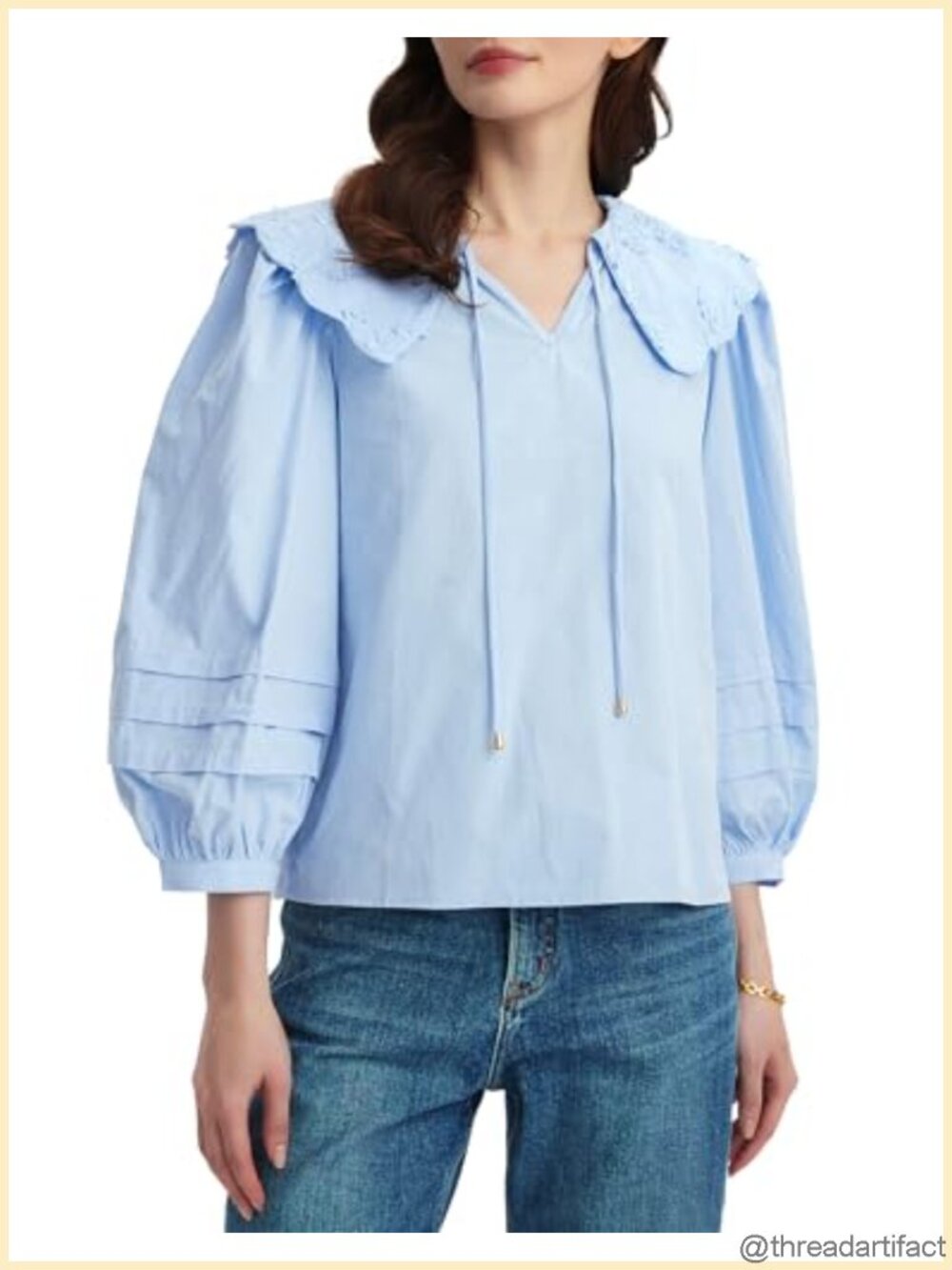Women's 3/4 Sleeve V Neck Blouse Embroidered Collar Dressy Summer Top